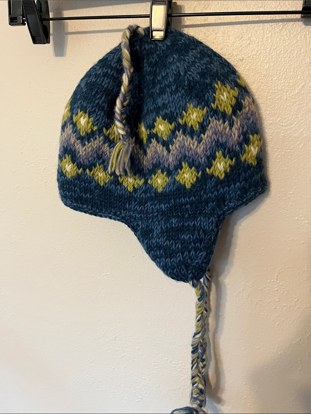 Women’s Blue Knit Earflap Winter Hat with Yellow Accent
